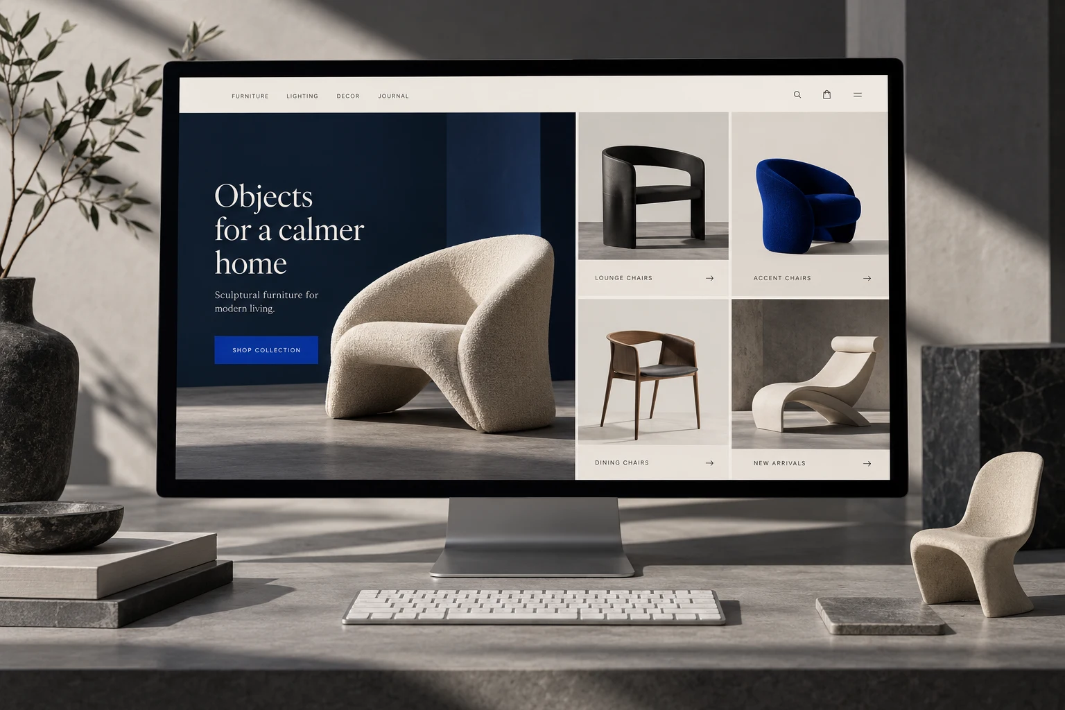 Illustrative furniture ecommerce website on a desktop monitor