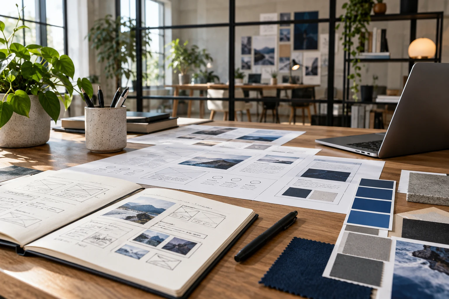 Illustrative creative workspace with website wireframes and design materials